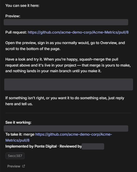 Ponte Digital's delivery in a demo issue: the preview and pull request, how to check it, and a line saying who built it and that a developer reviewed it.